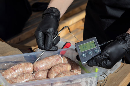 Quality control of sausage products. The process of setting a temperature timer for sausage making.の写真素材