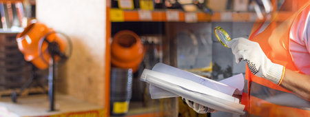 Quality control in construction. A worker in a construction uniform carefully examines a document through a magnifying glass.の写真素材