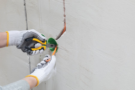 Preparing the electrical wiring. The electrician prepares the wiring with pliers and a cutter.の写真素材
