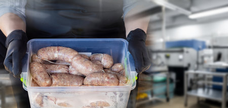 Production of homemade sausages. An employee wearing black gloves holds a container of raw sausages.