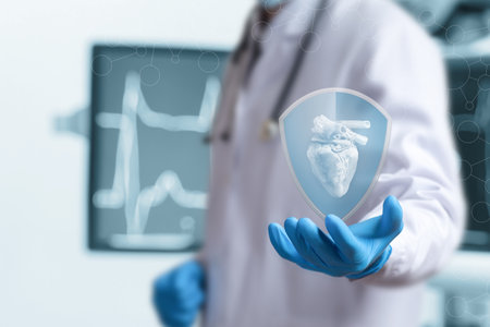 A healthcare provider holds a transparent shield displaying a heart model, showing advanced...