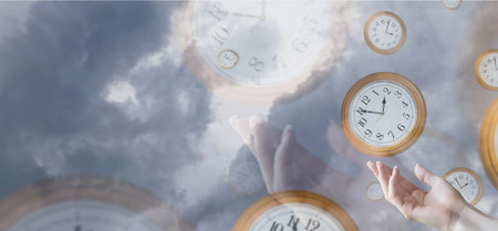 Hands reach out toward multiple floating clocks against a cloudy backdrop, illustrating a surreal representation of time and its ephemeral qualities, capturing a moment of reflection.の写真素材