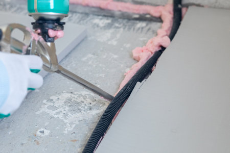 A person is using a foam applicator to apply mounting foam around a floor insulation channel. The foam adheres to surfaces to enhance insulation effectiveness during construction.の写真素材