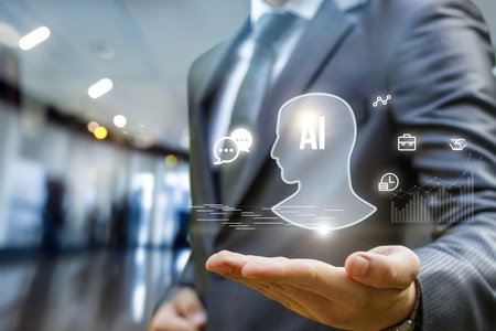 A businessman in a suit holds out his hand, displaying a holographic representation of artificial intelligence. Graphs and chat icons surround the AI figure in a modern office environment.の写真素材