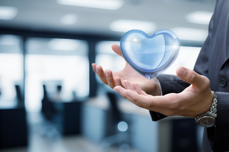 In a modern office, a businessman holds a translucent heart symbol in his hands. His gesture emphasizes care and connection, reflecting a positive and nurturing attitude in a professional setting.の写真素材