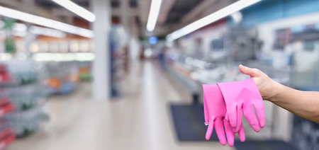 Cleaning services for supermarkets in action. A worker in a supermarket holds pink cleaning gloves while preparing for cleaning tasks.の写真素材
