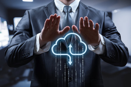 A business professional in a tailored suit is actively managing cloud data transfer. He demonstrates...