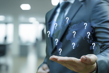 A business professional in a suit extends his hand, showcasing a digital map with question marks. The setting suggests an office environment focused on international growth.の写真素材