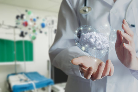 A healthcare professional presents a heart-shaped hologram symbolizing care and compassion in a modern medical clinic. The environment reflects a high-tech healthcare setting.の写真素材