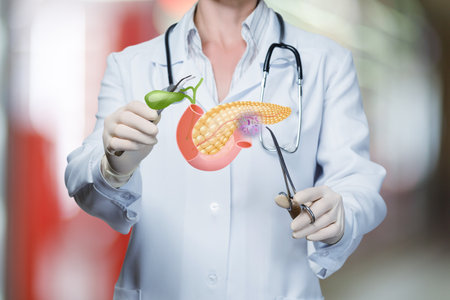 A medical professional demonstrates surgical treatment for pancreatic conditions using visual aids. The setting indicates a healthcare facility focused on specialized procedures.の写真素材