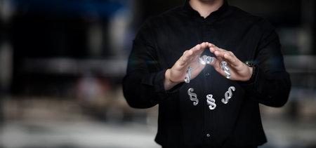 A lawyer stands in an office environment, using hands to create a protective gesture around floating paragraph symbols, symbolizing legal concepts and advocacy. The atmosphere conveys professionalism.の写真素材
