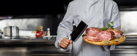A chef is skillfully holding a wooden platter of assorted meats while wielding a cleaver in a bustling kitchen environment. Fresh ingredients and utensils are visible in the background.の写真素材