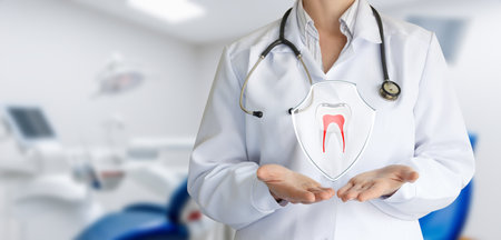 A dental professional stands confidently in a modern clinic, showing an illustration of a tooth within a protective shield. The background highlights dental equipment and tools.の写真素材