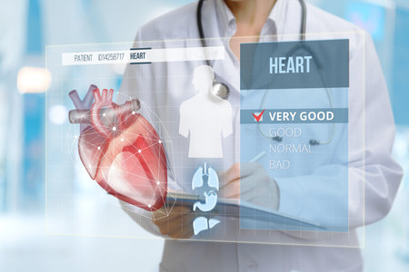 A medical professional evaluates a patient's heart health using advanced digital imaging technology in a clinical setting. The results indicate a very good condition for the heart.の写真素材