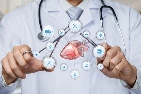 A medical professional in a white coat showcases innovative technology related to heart health. The setting emphasizes a futuristic approach to medical care and patient monitoring.の写真素材