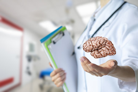 A medical professional in a lab coat holds a clipboard while showcasing a floating, digital puzzle-piece brain in a modern clinical environment. The atmosphere feels advanced and innovative.の写真素材