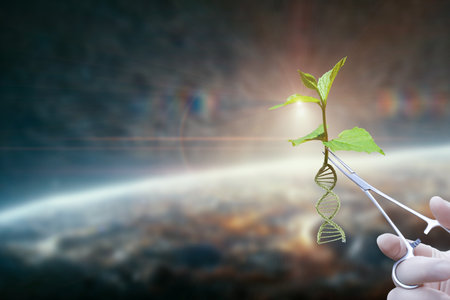 A hand holding scissors applies genetic engineering techniques to a small plant, showcasing innovation in biotechnology against a backdrop of Earth from space. This reflects modern scientific efforts.の写真素材