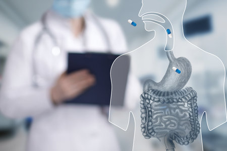 A doctor looks at a patient's tummy and decides on tests and treatments. The setting is a healthcare facility that specializes in treating problems with the digestive system and providing medication.の写真素材