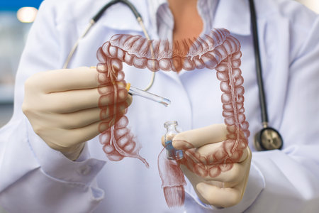 A medical professional in a lab coat holds a syringe near a transparent illustration of human intestines. The individual is likely conducting research or analysis related to gastrointestinal health.の写真素材