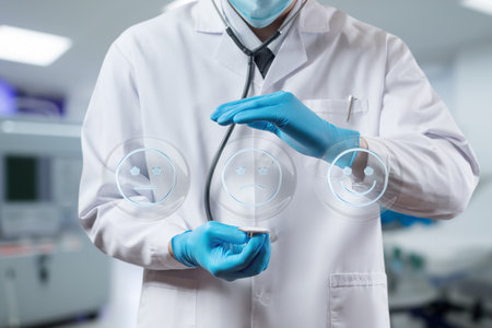 A healthcare professional in a lab coat and gloves uses digital tools to analyze the emotional state of a patient. Smiley face icons indicate varying emotions during the assessment.の写真素材