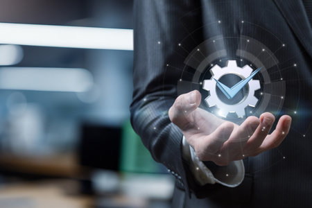 A person in a suit holds a glowing gear symbol with a check mark, symbolizing efficiency and progress in a modern office setting.の写真素材