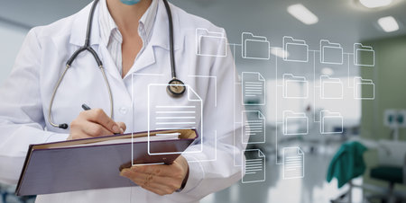 A healthcare worker in a white coat takes notes on a clipboard in a modern clinic. Digital representations of files float in the background, illustrating data management in healthcare.の写真素材