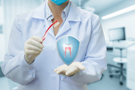 A dental professional demonstrates proper oral hygiene techniques using a toothbrush, emphasizing the importance of tooth protection in a well-equipped clinic environment.の写真素材