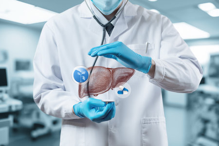 A healthcare professional in a lab coat examines a digital representation of a liver. This highlights the significance of liver health in maintaining overall wellness and life quality.の写真素材