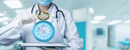 A medical professional examines a unique clock where the hands are designed from DNA molecules. The setting suggests a clinical environment, showing health and science innovation.の写真素材