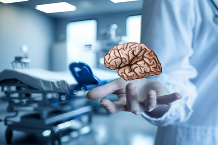 A medical professional stands in a clinical setting, holding a detailed model of a brain above their...