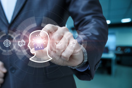 A business professional interacts with digital icons representing technology and innovation in a...