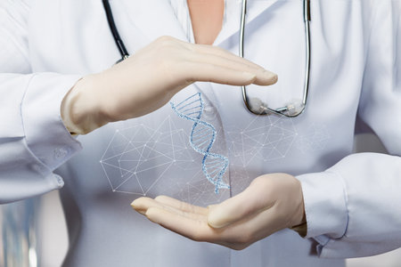 Healthcare professional showcasing DNA in innovative display. A dedicated healthcare professional demonstrates the significance of DNA symbolizing advancements in medical science.の写真素材