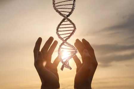 Hands holding DNA strand against sunset sky. Hands gently grasp a DNA helix illuminated by the warm glow of the setting sun.の写真素材