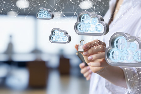 Cloud security and innovation for digital connectivity. A person interacts with floating cloud...
