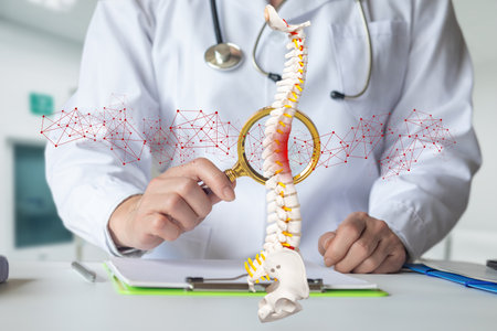 Exploring spinal health through advanced medical technology. A doctor examines a spine model with a magnifying glass highlighting details in a clinic setting.の写真素材