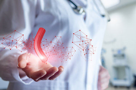 Innovative technology enhances medical care with data visualization. A healthcare professional is holding a glowing data visualization in a clinical setting symbolizing advancements in medicine.の写真素材