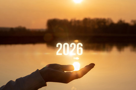 Future hope held in hand over sunset water view. A hand reaches out toward the glowing sun over a...