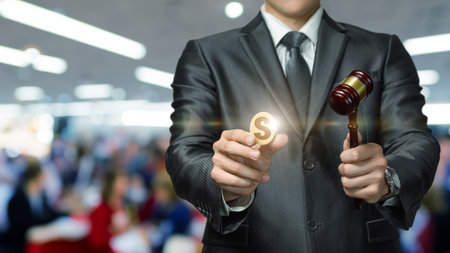 Justice vs. Wealth. A well-dressed individual holds a gavel and a dollar sign, symbolizing law and finance.の写真素材