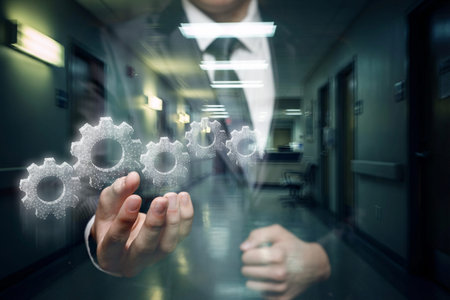 Crafting success now. A business professional showcases gears symbolizing progress in a modern...