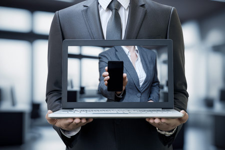 Innovation links devices. A businessman holds a laptop displaying a professional showing a smartphone, merging tech.の写真素材