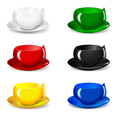 et of six beautiful multicolored cups for tea and coffee isolationのイラスト素材