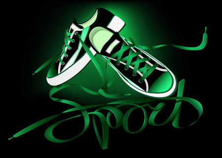 beautiful pair of green sneakers and laces forming the word sport on a black backgroundのイラスト素材