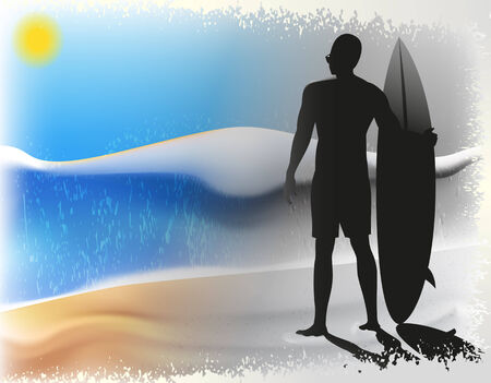 surfer standing on the beach looking at the huge wavesのイラスト素材