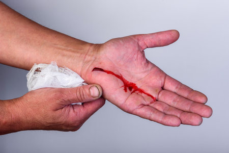 Injured hand with bleeding open cut on a gray background.