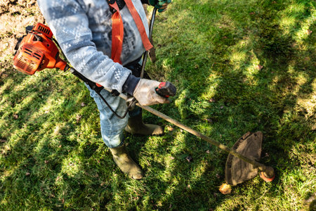 Male gardener mows green grass of lawn in backyard with gasoline mower.の写真素材