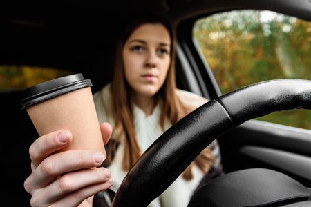 Woman holding steering wheel and paper cup with coffee.