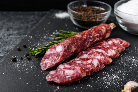 Smoked sausage salami and spices on black background.の写真素材