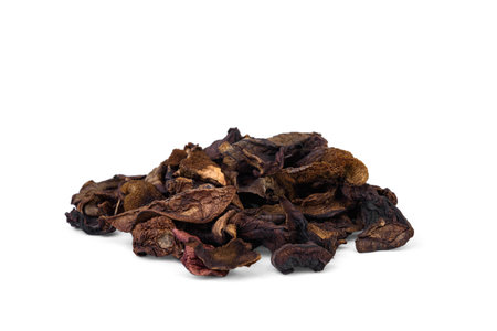 Sliced dried mushrooms isolated on white background.の写真素材