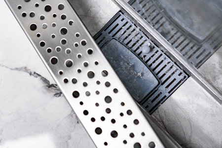 Stainless linear shower drain system clogged with hairs.の写真素材