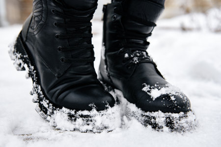 Woman in black winter leather boots on snow.の写真素材